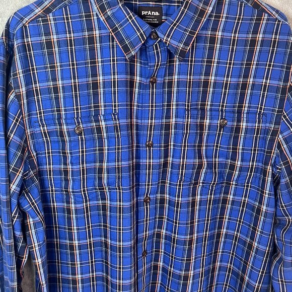 Prana Dolberg Flannel Shirt Mens L Blue Plaid Slim Fit Long Sleeve Button Up - Picture 2 of 15